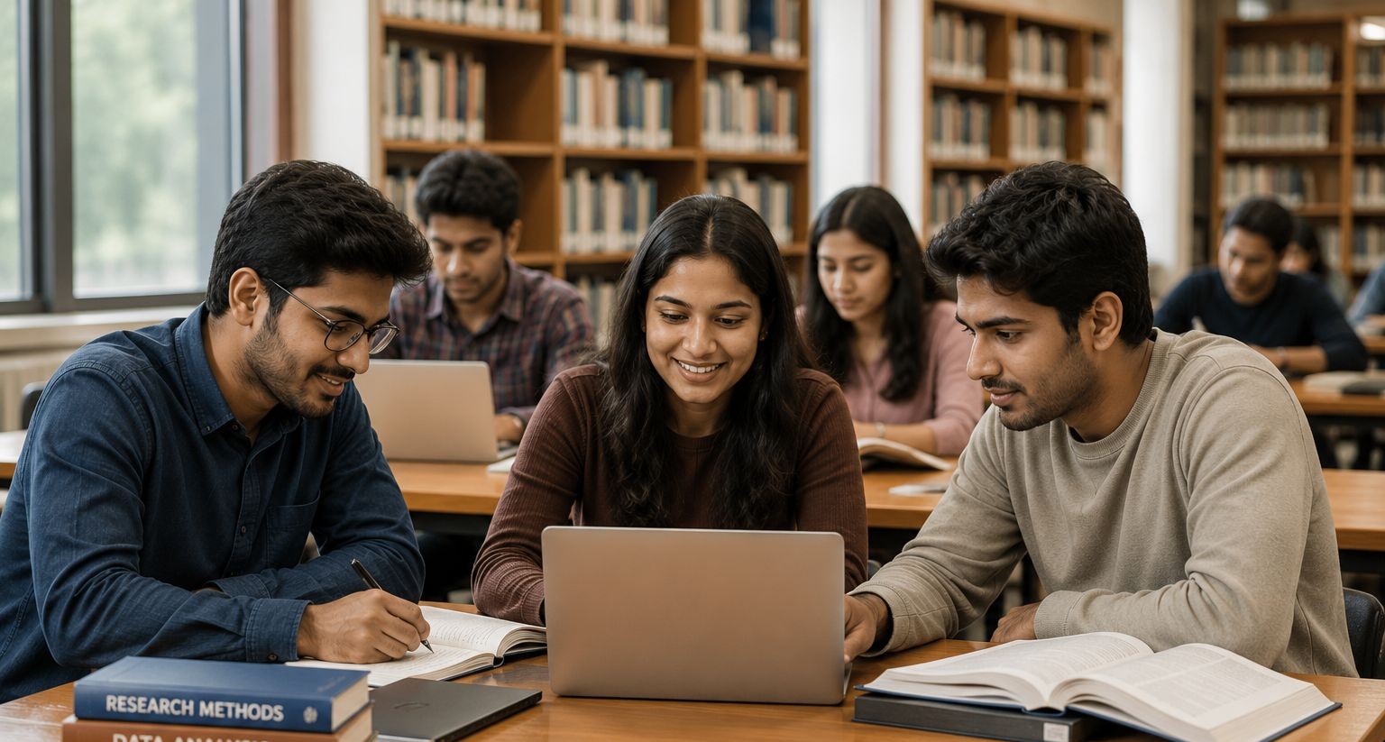 Master program student researching in library